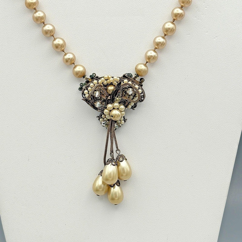 Vintage Faux Pearls Cluster Dangle Necklace Rhinestones Miriam Haskell? 16"
